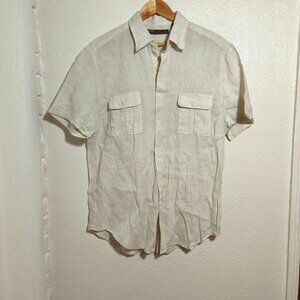 Perry Ellis 100% Linen Button Down Casual Collared Shirt sz L Flax Cream Coastal